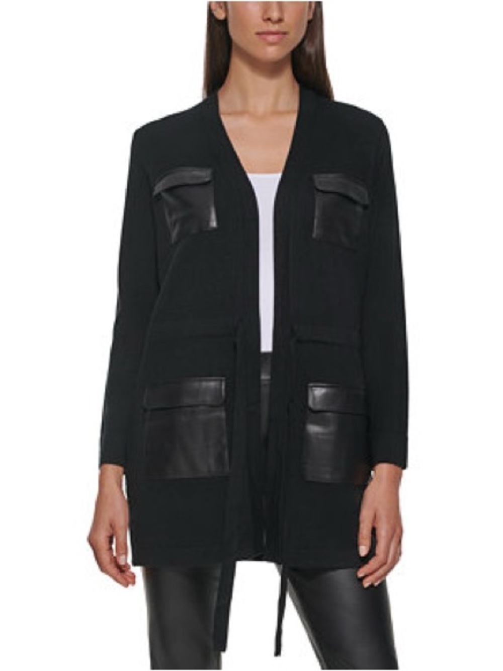 Calvin Klein Black Faux Leather Pockets Long Cardigan Tie Sweater Small